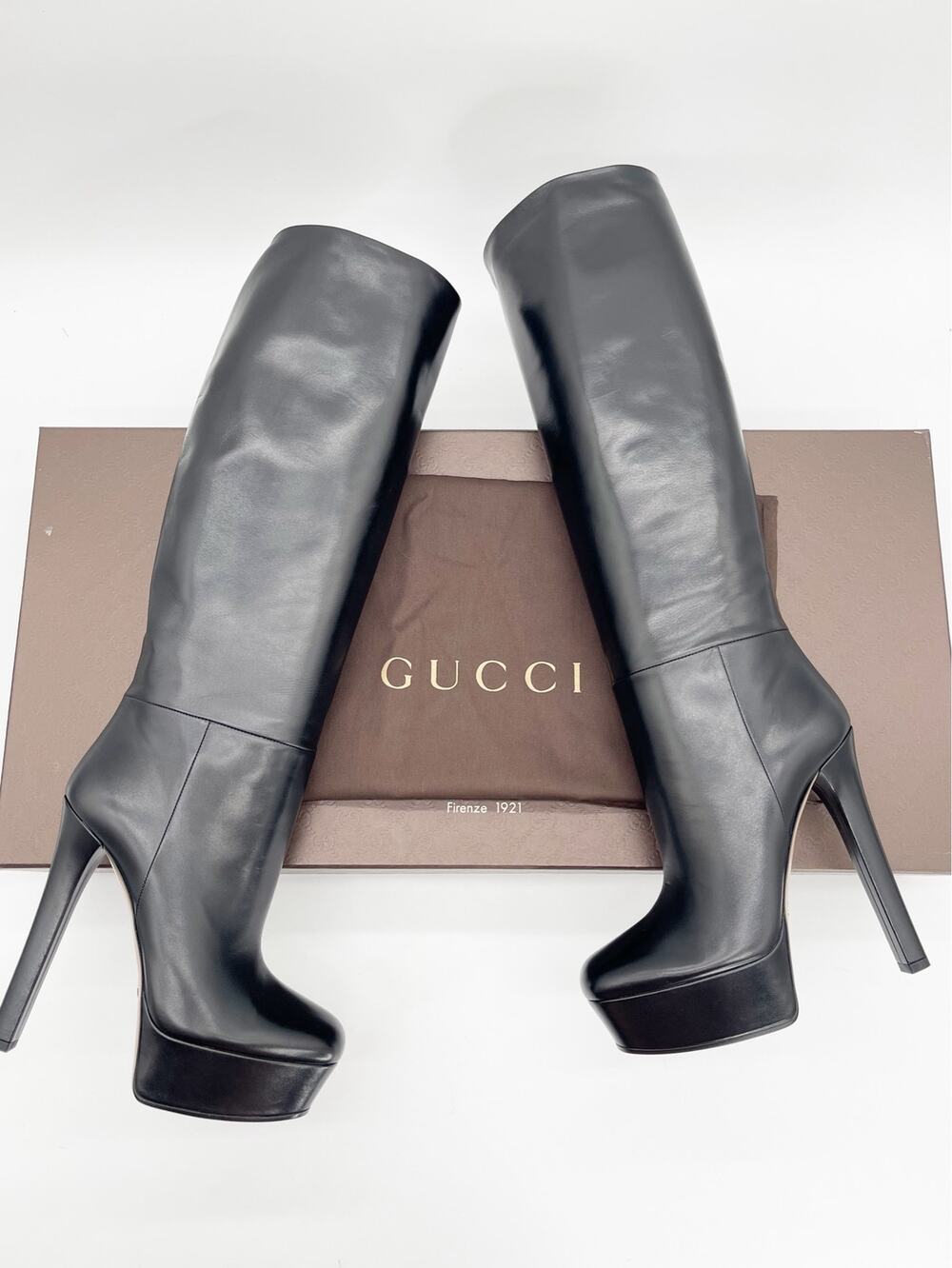 Gucci Black Leather Platform Knee High Square Toe Stiletto Heeled Boots IT 40